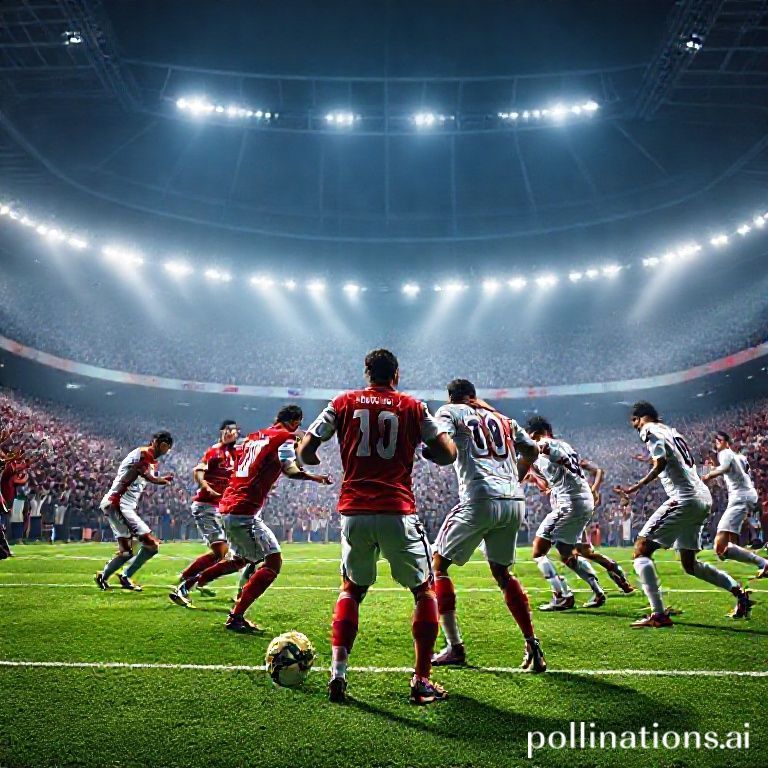 "An intense match between the Albanian and English football teams under the floodlights of a massive stadium filled with cheering spectators. The Albanian team, represented as a solid wall of defensive strength, stands resiliently against England's dynamic offensive force, symbol