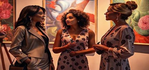 A vibrant scene set in an elegant art gallery, showcasing three diverse women: Julia, radiating confidence as an art dealer in a chic outfit; Winona, passionately engaged in her artwork, paintbrush in hand; Claire, contemplative with a mix of nostalgia and ambition in her expression. The backdrop is adorned with lush, colorful artworks, with soft, ambient lighting casting intricate shadows that symbolize the complexities of their identities and ambitions. An air of intimacy and resilience flows between them, portraying a silent yet powerful conversation on femininity, ambition, and societal expectations.