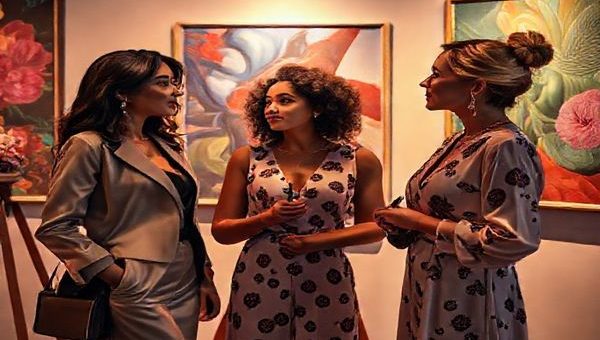 A vibrant scene set in an elegant art gallery, showcasing three diverse women: Julia, radiating confidence as an art dealer in a chic outfit; Winona, passionately engaged in her artwork, paintbrush in hand; Claire, contemplative with a mix of nostalgia and ambition in her expression. The backdrop is adorned with lush, colorful artworks, with soft, ambient lighting casting intricate shadows that symbolize the complexities of their identities and ambitions. An air of intimacy and resilience flows between them, portraying a silent yet powerful conversation on femininity, ambition, and societal expectations.