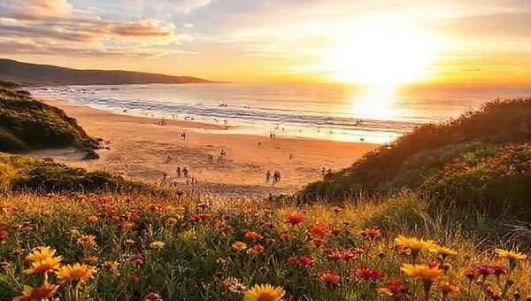 A breathtaking view of Waikanae, New Zealand, showcasing golden sandy beaches under a radiant summer sun, with families enjoying beach activities like swimming and paddleboarding. In the foreground, vibrant wildflowers bloom, while behind, lush native bush frames the scene. A majestic sunset paints the sky in hues of orange and pink, blending into the tranquil coastal ambiance, inviting travelers to relax and soak in the natural beauty.