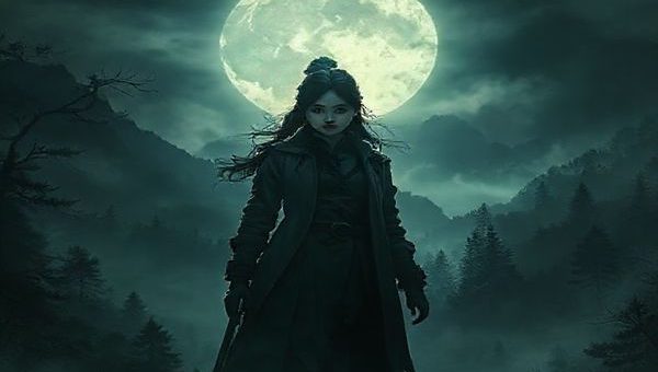 A haunting, atmospheric landscape that blends dark forests and misty mountains, with a fierce female figure (Inspector Hana Wei) standing resolute at the forefront, illuminated by eerie moonlight. Shadows swirl around her, evoking a sense of tension and hidden narratives, as ghostly echoes of ancient folklore linger in the air, hinting at unseen monsters within and without. The scenery reflects the emotional weight of her journey, balancing beauty and menace, while the silence is palpable, broken only by faint whispers that suggest deeper, unspoken stories.