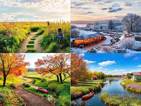 A serene landscape of Landkreis Spree-Neiße captured in four vibrant seasonal panels: a lush summer scene with blooming wildflowers and cyclists on a trail, a tranquil winter wonderland covered in snow with cozy holiday markets aglow, a stunning autumn setting with red, orange, and gold leaves adorning winding paths and harvest festivities, and a lively spring scene showcasing blossoming flowers and kayakers gliding through calm waterways, all unified by the rich cultural tapestry of eastern Germany.