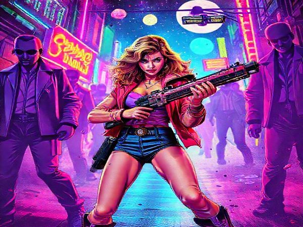 A vibrant scene depicting a strong female protagonist in 1980s fashion, wielding a retro weapon, confidently navigating a colorful, chaotic time-travel landscape filled with nods to slasher tropes and feminist symbolism. Surround her with iconic 80s elements like shoulder pads and neon colors, contrasting with gender dynamics represented by shadowy, authoritative male figures in the background. Capture the essence of nostalgia with an aura of empowerment and rebellion.