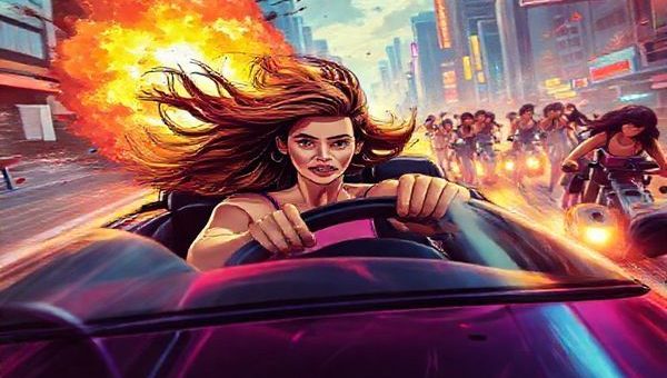 A dynamic scene depicting a fierce female driver, hair flying in the wind, skillfully maneuvering a high-speed car through a vibrant cityscape, surrounded by explosions and adrenaline-fueled action, with hints of empowerment and solidarity reflected in the camaraderie of women in the background, all under the glow of neon lights that symbolize modern femininity and strength.