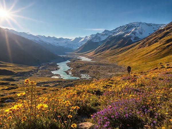 A breathtaking view of the Routeburn Track in summer, showcasing vibrant wildflowers in shades of yellow and purple against a backdrop of snow-capped peaks and crystal-clear rivers, all illuminated by the warm glow of a sunlit sky. Hikers traverse the trail, joyful and adventurous, as they absorb the stunning alpine vistas that define New Zealand's Southern Alps.
