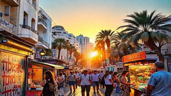 A vibrant scene depicting a bustling street in Tel Aviv, with colorful street art showcasing Hebrew script, local vendors selling traditional foods, and tourists engaged in conversation with native Hebrew speakers. The backdrop features iconic landmarks like the Bauhaus architecture and palm trees, all bathed in the golden glow of sunset, symbolizing connection and cultural exchange through language.