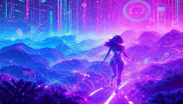 A vibrant cybernetic landscape bathed in neon hues, showcasing powerful female characters like Lora Baines and Eve, navigating through a dynamic digital realm. The scene is filled with swirling lines of code, holographic imagery of feminine symbols, and intertwining threads of light representing intimacy and collaboration. In the background, abstract elements of electronic music evoke a sense of movement and rhythm, while the atmosphere radiates empowerment and futuristic femininity.