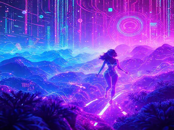 A vibrant cybernetic landscape bathed in neon hues, showcasing powerful female characters like Lora Baines and Eve, navigating through a dynamic digital realm. The scene is filled with swirling lines of code, holographic imagery of feminine symbols, and intertwining threads of light representing intimacy and collaboration. In the background, abstract elements of electronic music evoke a sense of movement and rhythm, while the atmosphere radiates empowerment and futuristic femininity.