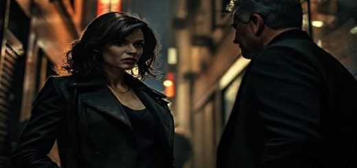 A powerful female detective named Eleanor Falco stands confidently in a dimly lit urban environment, shadows weaving through the alleys, embodying strength and complexity. The scene captures a tense moment of verbal exchange with a male counterpart, both engaged in a deep, assertive conversation. Framing the backdrop, hints of vintage film noir aesthetics merge with modern visuals, creating a stark contrast between past and present, while the city hums with an air of mystery and intensity.