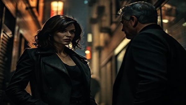 A powerful female detective named Eleanor Falco stands confidently in a dimly lit urban environment, shadows weaving through the alleys, embodying strength and complexity. The scene captures a tense moment of verbal exchange with a male counterpart, both engaged in a deep, assertive conversation. Framing the backdrop, hints of vintage film noir aesthetics merge with modern visuals, creating a stark contrast between past and present, while the city hums with an air of mystery and intensity.
