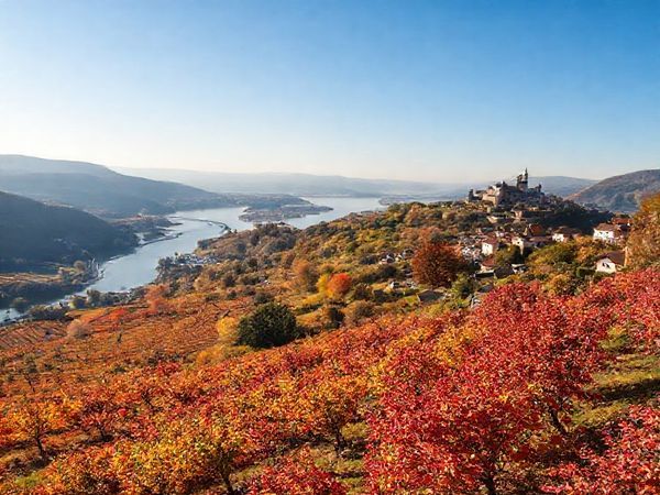 A breathtaking panorama of the Mosel Valley in autumn, featuring terraced vineyards adorned with vibrant reds and golds, the sinuous Mosel River glimmering under a clear blue sky, and a charming village with a medieval castle in the background. Enjoying the grape harvest, locals celebrate with festive decorations while the gentle breeze rustles the colorful leaves. A perfect moment capturing the essence of this enchanting region in fall.
