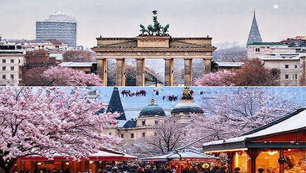 A vibrant Berlin cityscape showcasing the iconic Brandenburg Gate surrounded by blooming cherry blossoms in spring, with people enjoying outdoor cafes and cultural festivities in the background; or a wintry scene of historical landmarks dusted with snow, featuring twinkling Christmas market lights and visitors sipping warm Glühwein, capturing the charm of Berlin in winter.