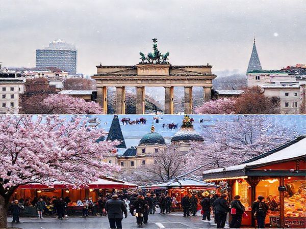 A vibrant Berlin cityscape showcasing the iconic Brandenburg Gate surrounded by blooming cherry blossoms in spring, with people enjoying outdoor cafes and cultural festivities in the background; or a wintry scene of historical landmarks dusted with snow, featuring twinkling Christmas market lights and visitors sipping warm Glühwein, capturing the charm of Berlin in winter.