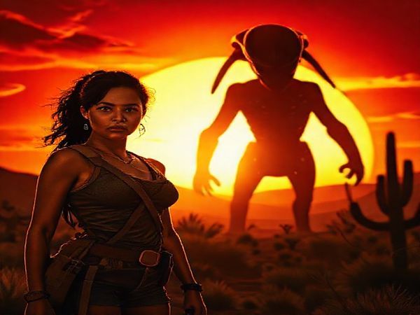 A sun-drenched American Southwest landscape, contrasting the fiery hues of a dramatic sunset against the menacing silhouette of an alien predator. In the foreground, a fierce female warrior, Maya Lopez, stands resilient with a determined gaze, her survivalist companion beside her, both exuding strength and solidarity. The scene captures the tension of an impending threat while showcasing their emotional depth, framed by stark shadows that hint at the complexities of gender dynamics. Elements of nature, like cicadas and wind, intertwine with a hint of otherworldly sound, reflecting the film's thematic fusion of beauty, terror, and empowerment.