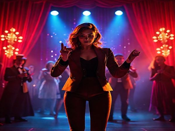 A captivating cinema scene featuring a diverse group of illusionists performing stunning magic tricks on stage, with a focus on a central female magician who exudes confidence and agency. The vibrant backdrop is a blend of dazzling lights and shadowy illusions, echoing themes of gender dynamics. Fragments of a curtain being pulled back reveal hidden truths, while the male counterparts stand in the background, emphasizing the contrast between support and leadership. The overall atmosphere fuses elements of suspense and empowerment, inviting viewers to explore the deeper narrative just beneath the magical surface.