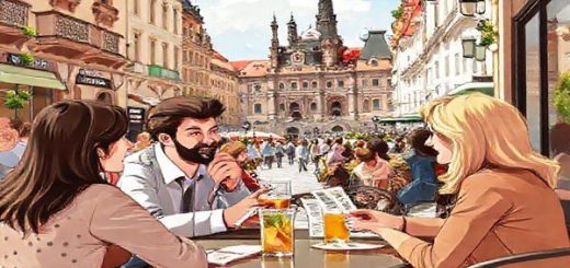A vibrant café scene in Prague, illustrated with patrons conversing in Czech, surrounded by historic buildings, while a tutor and a student engage in a lively lesson with language flashcards. The atmosphere is infused with cultural elements like Czech literature, music notes, and traditional crafts, all under a sunny sky.