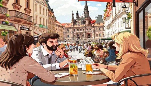 A vibrant café scene in Prague, illustrated with patrons conversing in Czech, surrounded by historic buildings, while a tutor and a student engage in a lively lesson with language flashcards. The atmosphere is infused with cultural elements like Czech literature, music notes, and traditional crafts, all under a sunny sky.