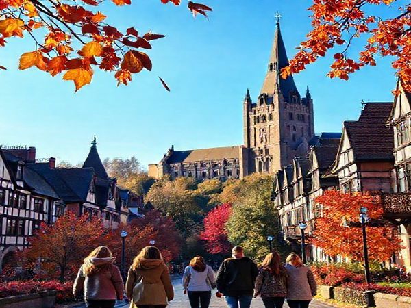 A picturesque view of Heidelberg University during autumn, with historic baroque architecture surrounded by vibrant red and gold foliage. Students in cozy sweaters walk through the campus, while the iconic Heidelberg Castle looms majestically in the background, under a clear blue sky. A few leaves gently fall, adding to the enchanting atmosphere of this lively academic hub.