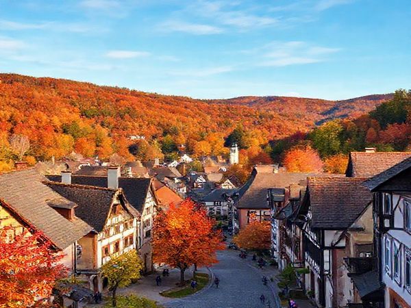 A picturesque view of Landkreis Harz in autumn, with vibrant hues of amber and russet leaves blanketing the rugged mountains and charming medieval towns. Cobblestone streets lined with half-timbered houses are bustling with visitors enjoying a local harvest festival, while photographers capture the stunning fall foliage against a clear, serene sky.