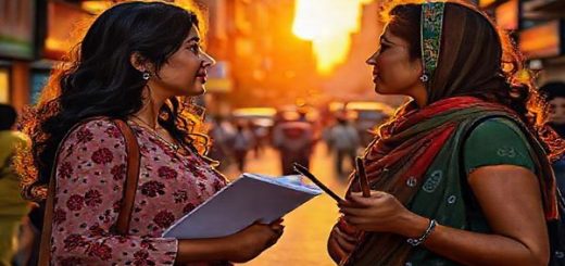 A vibrant urban scene of Karachi, illuminated by the warm tones of sunset, showcasing two women, Ayesha and Leila, deep in conversation against a backdrop of lively street life. Ayesha, with a notebook in hand, embodies ambition and determination, while Leila, holding paintbrushes, exudes artistic freedom. Surrounding them, the city reflects a blend of tradition and modernity, with shadows symbolizing societal constraints and bursts of color representing their resilience and solidarity, inviting the viewer into their journey of empowerment.