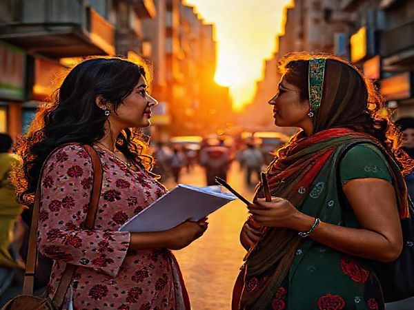 A vibrant urban scene of Karachi, illuminated by the warm tones of sunset, showcasing two women, Ayesha and Leila, deep in conversation against a backdrop of lively street life. Ayesha, with a notebook in hand, embodies ambition and determination, while Leila, holding paintbrushes, exudes artistic freedom. Surrounding them, the city reflects a blend of tradition and modernity, with shadows symbolizing societal constraints and bursts of color representing their resilience and solidarity, inviting the viewer into their journey of empowerment.