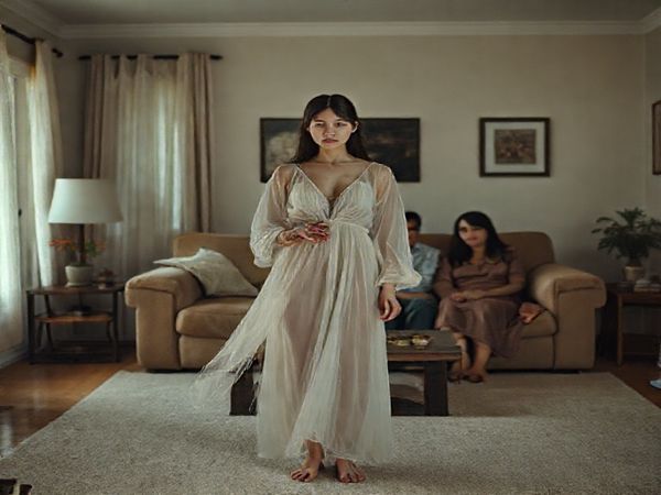 A striking scene from a dystopian home, where a young woman, dressed in an ethereal, flowing outfit, stands amidst a living room filled with empty emotional space. She's framed by muted colors, a soft, haunting melody playing in the background. In one hand, she holds a symbolic object representing her role as a rental daughter, while parental figures sit on a couch, visibly torn between grief and superficial connection. The setting should reflect a blend of warmth and alienation, with objects around them hinting at a transactional relationship rather than genuine affection, encapsulating the tension between familial love and societal expectations.