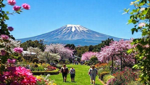 A captivating scene of New Plymouth in spring, showcasing vibrant blossoms and lush greenery in tranquil gardens. The majestic Mount Taranaki towers in the background, framed by bright blue skies. Visitors stroll through a colorful Taranaki Garden Festival, with artists painting landscapes and families enjoying the calm ambiance, embodying the perfect blend of nature and culture.
