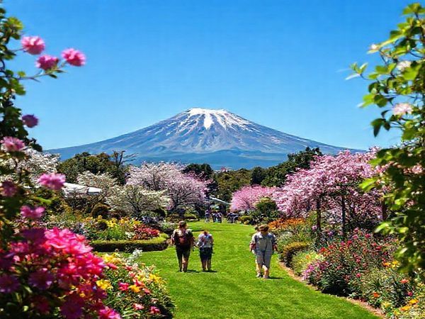 A captivating scene of New Plymouth in spring, showcasing vibrant blossoms and lush greenery in tranquil gardens. The majestic Mount Taranaki towers in the background, framed by bright blue skies. Visitors stroll through a colorful Taranaki Garden Festival, with artists painting landscapes and families enjoying the calm ambiance, embodying the perfect blend of nature and culture.