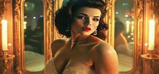 A surreal dreamscape depicting Priscilla Presley in a lavish 1960s setting, surrounded by ornate mirrors reflecting dualities of identity and societal expectations. Ethereal light bathes her in a soft glow, while shadows hint at constrained agency. In the background, the echoes of vibrant nightlife contrast with her introspective solitude, creating a visual tapestry of beauty intertwined with melancholy and understated rebellion.