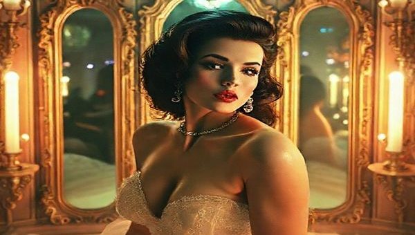 A surreal dreamscape depicting Priscilla Presley in a lavish 1960s setting, surrounded by ornate mirrors reflecting dualities of identity and societal expectations. Ethereal light bathes her in a soft glow, while shadows hint at constrained agency. In the background, the echoes of vibrant nightlife contrast with her introspective solitude, creating a visual tapestry of beauty intertwined with melancholy and understated rebellion.