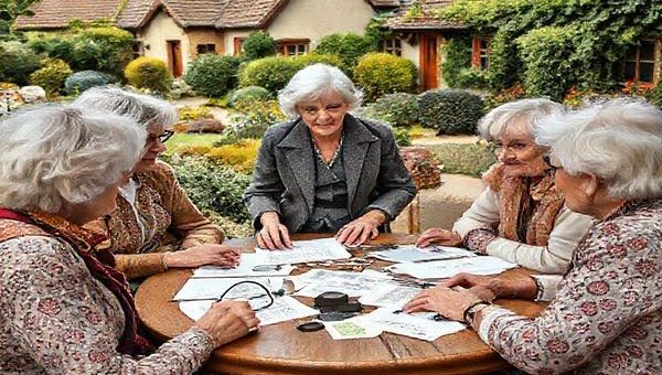 A cozy English retirement village bustling with activity, where a group of wise and spirited elderly women, led by a confident character with silver hair and a stylish outfit, gather around a table strewn with papers and magnifying glasses. They are deep in discussion, embodying a mix of humor and determination as they crack a complex murder case, while their male friend playfully listens nearby. The setting is warm, with lush greenery and charming cottages in the background, highlighting the vibrancy of their friendships and the richness of their agency.