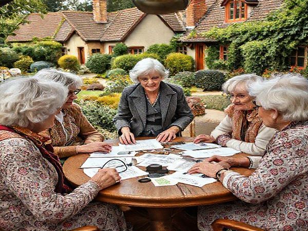A cozy English retirement village bustling with activity, where a group of wise and spirited elderly women, led by a confident character with silver hair and a stylish outfit, gather around a table strewn with papers and magnifying glasses. They are deep in discussion, embodying a mix of humor and determination as they crack a complex murder case, while their male friend playfully listens nearby. The setting is warm, with lush greenery and charming cottages in the background, highlighting the vibrancy of their friendships and the richness of their agency.