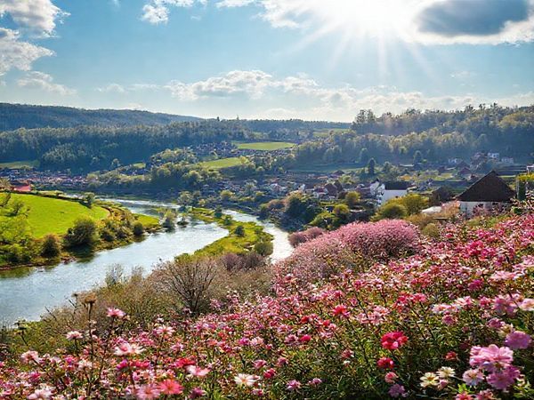 A picturesque landscape of Landkreis Göttingen in spring, with vibrant flower blossoms in full bloom, lush green hills, and historical villages. Capture the essence of nature lovers and photographers enjoying leisurely walks, with gentle sunlight illuminating glimmering lakes and rivers, while colorful blossoms surround them.