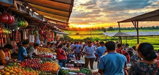 A vibrant Philippine market scene bustling with life: colorful stalls adorned with local fruits and crafts, people engaging in conversation in Tagalog, traditional music playing in the background, and a horizon filled with lush greenery and a sunset over rice paddies, capturing the essence of Filipino culture and language learning.