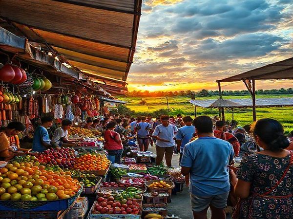 A vibrant Philippine market scene bustling with life: colorful stalls adorned with local fruits and crafts, people engaging in conversation in Tagalog, traditional music playing in the background, and a horizon filled with lush greenery and a sunset over rice paddies, capturing the essence of Filipino culture and language learning.