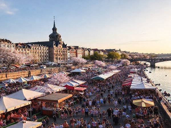 A vibrant summer festival in Nordrhein-Westfalen, with colorful tents and lively crowds along the Rhine River, surrounded by outdoor cafés, music scenes, and blooming cherry blossoms, set against a backdrop of historic architecture.