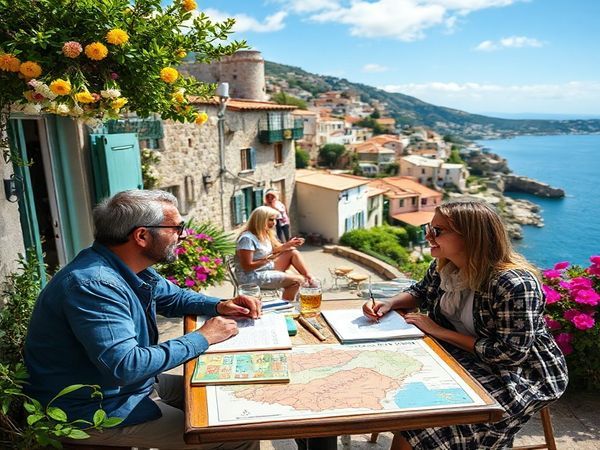 A picturesque scene of a vibrant Corsican village nestled in the Mediterranean, with locals conversing in Corsican, surrounded by lush landscapes, traditional stone houses, and colorful flowers. In the foreground, a traveler engages in a lively language exchange with a friendly local at a quaint café, their table adorned with Corsican literature and a map of the island, embodying the spirit of cultural connection and heritage revival.