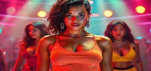 A dynamic, visually striking scene showcasing a female protagonist, Maya, in a vibrant, dystopian game show setting. Surrounded by intense, colorful lights and surreal backdrops, she stands confidently at the center, drenched in bold, contrasting colors that symbolize strength and resilience. Her expression combines grit and determination, while subtle, powerful interactions with fellow female contestants ripple around her, hinting at their strategic solidarity. The atmosphere buzzes with an electrifying tension, embodying a revolutionary spirit in a world where female agency redefines authority and challenges societal norms.
