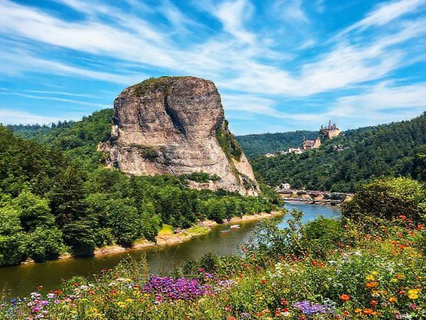 A breathtaking view of Loreley Rock towering majestically over the Rhine River, surrounded by lush green forests in summer, dotted with vibrant wildflowers, while tourists enjoy river cruises and hike scenic trails framed by historic castles in the background. The sky is a brilliant blue with wispy clouds, and the scene conveys a lively and inviting atmosphere, showcasing the enchanting beauty of this legendary German destination.