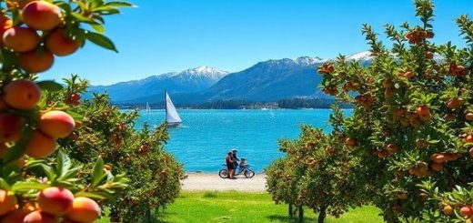 A vibrant summer scene in Cromwell, New Zealand, showcasing lush fruit orchards bursting with ripe peaches, apricots, and cherries, framed by the shimmering waters of Lake Dunstan under a clear blue sky. Adventurers are sailing and jet skiing, while others bask in the sun on the sandy shores. In the background, majestic mountains loom, creating a stunning contrast against the colorful landscape, capturing the spirit of outdoor joy and tranquility.