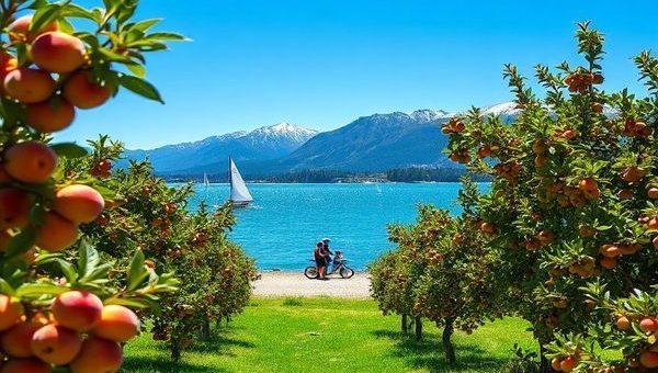 A vibrant summer scene in Cromwell, New Zealand, showcasing lush fruit orchards bursting with ripe peaches, apricots, and cherries, framed by the shimmering waters of Lake Dunstan under a clear blue sky. Adventurers are sailing and jet skiing, while others bask in the sun on the sandy shores. In the background, majestic mountains loom, creating a stunning contrast against the colorful landscape, capturing the spirit of outdoor joy and tranquility.