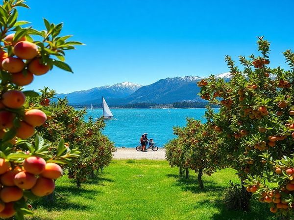 A vibrant summer scene in Cromwell, New Zealand, showcasing lush fruit orchards bursting with ripe peaches, apricots, and cherries, framed by the shimmering waters of Lake Dunstan under a clear blue sky. Adventurers are sailing and jet skiing, while others bask in the sun on the sandy shores. In the background, majestic mountains loom, creating a stunning contrast against the colorful landscape, capturing the spirit of outdoor joy and tranquility.