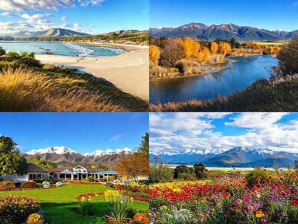 A serene landscape capturing the essence of Invercargill District in all four seasons: vibrant summer beaches with sunlit skies, golden autumn leaves in botanical gardens, a cozy winter scene with snow-capped mountains and warm cafes, and a lively spring garden bursting with colorful flowers. Include elements like friendly locals enjoying outdoor festivals, wildlife, and scenic views that reflect the rich tapestry of nature and culture in this charming New Zealand locale.