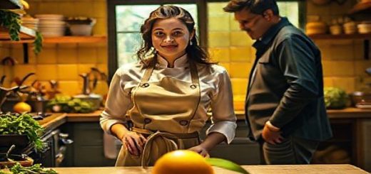 A vibrant, cinematic scene showcasing Clara, a spirited chef, standing confidently in a kitchen filled with golden yellow hues and lush green ingredients, while a mango glows at the center of the table. In the background, Marco casually observes, embodying both support and shadow. A subtle tension hangs in the air as Clara exchanges warm, empowering words with her mentor Sofia, whose presence radiates strength and solidarity. The atmosphere blends warmth and ambition, capturing the sweetness of culinary dreams interwoven with complex gender dynamics.