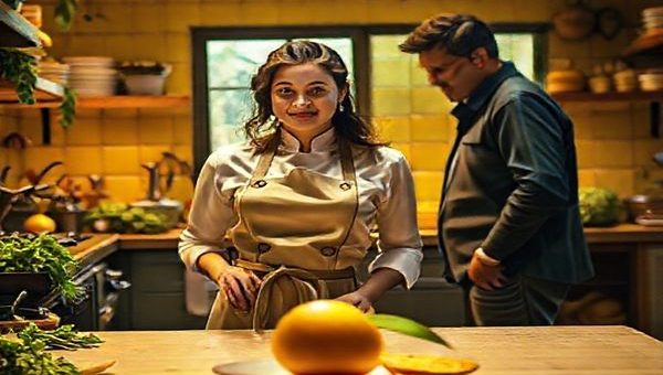 A vibrant, cinematic scene showcasing Clara, a spirited chef, standing confidently in a kitchen filled with golden yellow hues and lush green ingredients, while a mango glows at the center of the table. In the background, Marco casually observes, embodying both support and shadow. A subtle tension hangs in the air as Clara exchanges warm, empowering words with her mentor Sofia, whose presence radiates strength and solidarity. The atmosphere blends warmth and ambition, capturing the sweetness of culinary dreams interwoven with complex gender dynamics.