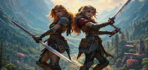 A dynamic fantasy landscape unfolds, showcasing a vivid, enchanted realm filled with towering mountains, lush forests, and ancient ruins. At the forefront, two fierce female adventurers—Holga, muscular and pragmatic, and Sophie, wise and arcane—stand side by side, wielding their weapons with confidence. The scene captures the essence of camaraderie and empowerment, with magical creatures peeking from shadows and vibrant colors dancing in the sky above. High-definition, cinematic magic brings the moment to life, showcasing the intricate details of their armor and the lush environment around them.