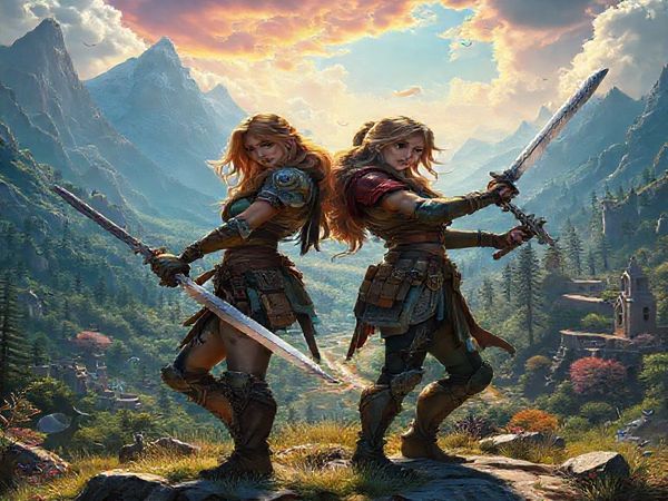 A dynamic fantasy landscape unfolds, showcasing a vivid, enchanted realm filled with towering mountains, lush forests, and ancient ruins. At the forefront, two fierce female adventurers—Holga, muscular and pragmatic, and Sophie, wise and arcane—stand side by side, wielding their weapons with confidence. The scene captures the essence of camaraderie and empowerment, with magical creatures peeking from shadows and vibrant colors dancing in the sky above. High-definition, cinematic magic brings the moment to life, showcasing the intricate details of their armor and the lush environment around them.
