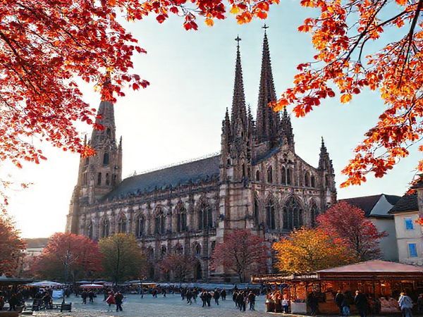 A breathtaking view of Speyer Cathedral during autumn, set against a backdrop of vibrant red, orange, and gold leaves. The cathedral's Romanesque architecture is illuminated by soft sunlight, creating a warm and inviting scene. Include hints of festival activity in the surroundings, with lively market stalls and people enjoying the mild weather. Capture this picturesque moment in high definition.