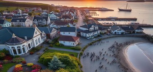 A stunning aerial view of Oamaru, New Zealand, showcasing the vibrant colors of summer with blooming gardens, and Victorian architecture, coupled with the enchanting blue penguins waddling along the sandy beach at sunset. The Oamaru Harbour is bustling with activity, reflecting warm golden hues against a clear sky. Capture the essence of this charming coastal town in high definition.