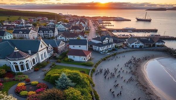 A stunning aerial view of Oamaru, New Zealand, showcasing the vibrant colors of summer with blooming gardens, and Victorian architecture, coupled with the enchanting blue penguins waddling along the sandy beach at sunset. The Oamaru Harbour is bustling with activity, reflecting warm golden hues against a clear sky. Capture the essence of this charming coastal town in high definition.
